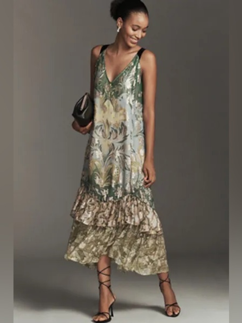 Anthropologie Tie-Back Ruffle-Hem Metallic Midi Dress Green Floral Size M